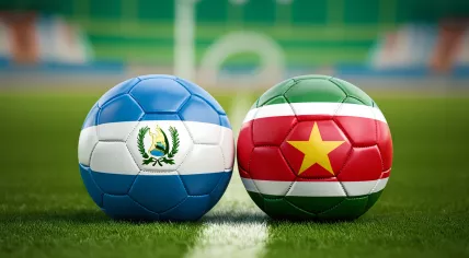 Footballs with the flags of Guatemala and Suriname on a football pitch. Rendering