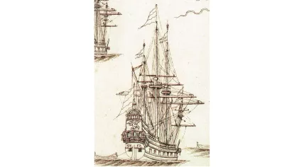 Illustration of the Dutch East India Company ship Vergulde Draeck, which sank off the coast of Western Australia in 1656 after striking a reef north of Perth.