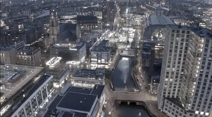 Looking east along Steigergracht in Rotterdam towards the high rise building, De Witte Keizer, and Markthal in the Laurenskwartier. 17 Nov. 2025