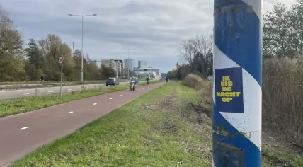A protest sticker demanding women be able to reclaim the night placed on a lamppost close to where Lisa, 17, was found stabbed to death between Amsterdam and her home in Abcoude. 13 Nov. 2025