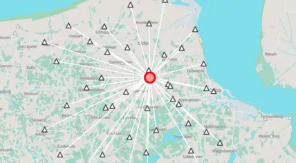 The 14 November 2025 earthquake near Groningen's Zeerijp (red dot) measured 3.4 on the Richter scale. The white triangles are seismological monitoring stations where the earthquake was recorded