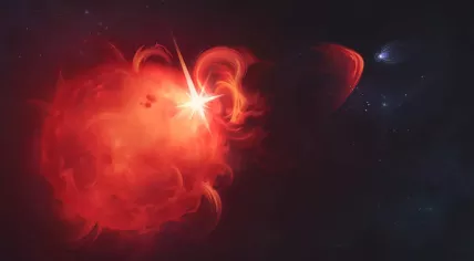 An artist’s impression of a coronal mass ejection, or CME, around a nearby Red Dwarf star, observed by researchers from ASTRON and Observatoire de Paris-PSL.