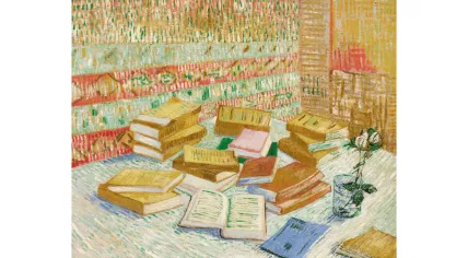 Piles de romans parisiens et roses dans une verre by Vincent van Gogh in 1888