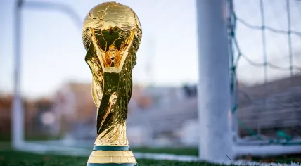 The World Cup trophy on a football pitch. Undated