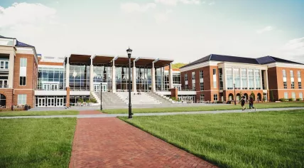 The Montview Student Center and Demoss Hall courtyard at Liberty University in Lynchburg, Virginia. Undated
