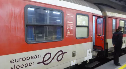 A European Sleeper train departing Brussels for Berlin in February 2024