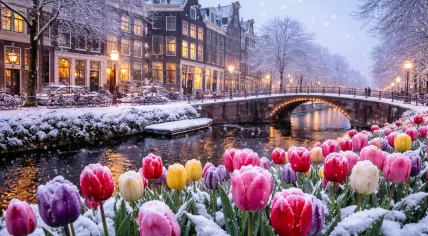 AI-generated image of a snowy canal in central Amsterdam with blooming tulips.