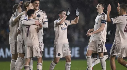 FC Ajax players celebrate the 1-1 goal by Kasper Dolberg during the UEFA Champions League match between Qarabaq FK and AFC Ajax Amsterdam, in Baku, Azerbaijan, 10 December 2025.