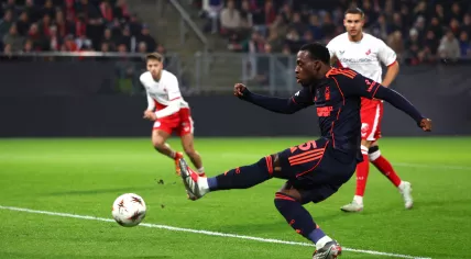 Arnaud Kalimuendo of Nottingham Forest scores the opening goal during the FC Utrecht vs Nottingham Forest UEFA Europa League match at Stadion Galgenwaard, Utrecht.