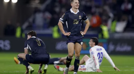 Mathis Suray (C) of Go Ahead Eagles looks on after the UEFA Europa League league phase match between Olympique Lyonnais and Go Ahead Eagles, in Lyon, France, 11 December 2025. Lyon won 2-1. 