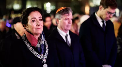 Amsterdam mayor Femke Halsema, Australian ambassador Greg French, and State Secretary Jurgen Nobel attend a Hanukkah celebration in Amsterdam Zuidoos after a deadly attack on a similar celebration in Sydney, 15 December 2025