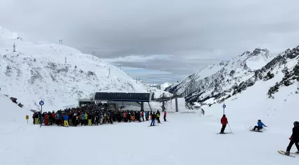 File photo of winter sport enthusiasts gathered at the Arlenmähderbahn chair-lift station in St. Anton am Arlberg, Tyrol, Austria. March 2023
