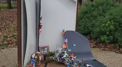 The Vlinderboek monument in Elzeneind park in Oss commemorates four children killed when a train hit a daycare's Stint cargo bike on a railway crossing in the city on 20 September 2018