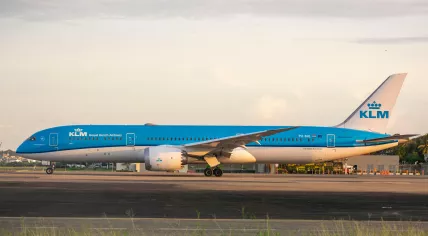 A KLM aircraft on the tarmac at Willemstad Airport in Curaçao, May 2023