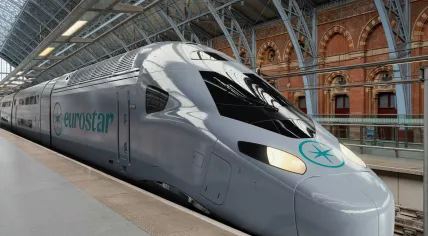 Eurostar Celestia train arriving at London St. Pancras.