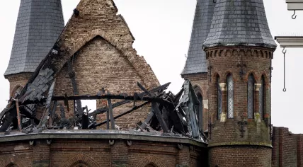 The damage to Amsterdam’s Vondelkerk after the overnight fire on January 1, 2026.