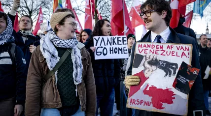 Demonstrators protest the U.S. attack on Venezuela outside the American consulate in Amsterdam, January 4, 2025.