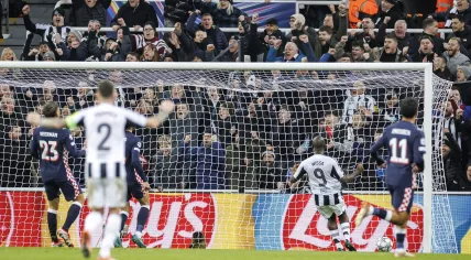 Joey Veerman of PSV Eindhoven, Kieran Trippier of Newcastle United FC, Yoane Wissa of Newcastle United FC, and Couhaib Driouech of PSV Eindhoven react to Harvey Barnes’ 0–3 goal during the UEFA Champions League match between Newcastle United FC and PSV Eindhoven at St. James’ Park on January 21, 2026, in Newcastle, United Kingdom.