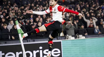 Anis Hadj Moussa of Feyenoord celebrates scoring the 2-0 during the UEFA Europa League match between Feyenoord and SK Sturm Graz at Feyenoord Stadium De Kuip on January 22, 2026, in Rotterdam, Netherlands.