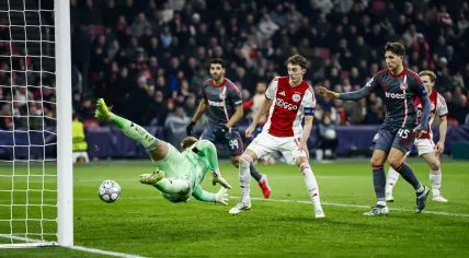 Santiago Hezze of Olympiacos (not pictured) scores the 2–1 during the UEFA Champions League match between AFC Ajax and Olympiacos Piraeus at the Johan Cruijff ArenA on January 28, 2026, in Amsterdam, Netherlands.