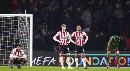 Ismael Saibari, Jerdy Schouten, and Armando Obispo of PSV Eindhoven, along with goalkeeper Matej Kovar, show their disappointment after the UEFA Champions League match between PSV Eindhoven and FC Bayern Munich at the Philips Stadium on January 28, 2026, in Eindhoven, Netherlands.