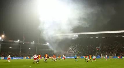 Smoke from fireworks during the match Go Ahead Eagles vs Braga at the De Adelaarshorst for the UEFA Europa League season 2025-2026 in DEVENTER, Netherlands on 29 january 2026 