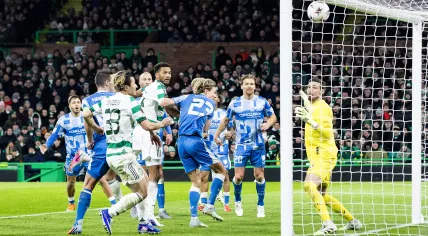 Celtic defender Austin Trusty scores the 4-2 for the home side at Celtic Park, January 29, 2026. 