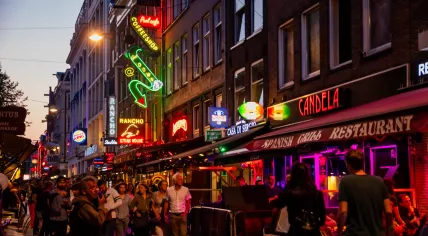 Colorful lights on cafés along Korte Leidsedwarsstraat in Amsterdam