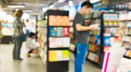 Blurry image of shoppers at a bookstore