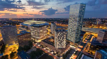 Artist impression of Eleven Square, a new mixed-use urban district next to the Johan Cruijff ArenA in Amsterdam.