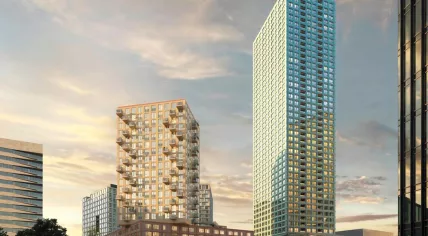 Artist impression of Eleven Square, a new mixed-use urban district next to the Johan Cruijff ArenA in Amsterdam.