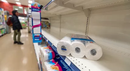 Empty toilet paper shelves in a supermarket