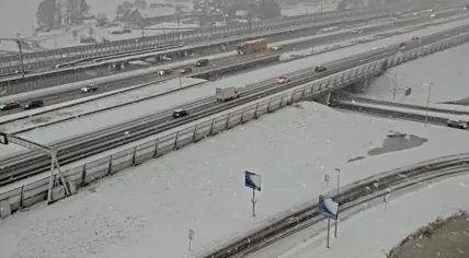 Traffic slows down as snow begins to fall again on the A4 near Roelofarendsveen. 7 January 2026