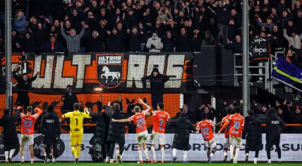Players of FC Volendam celebrate the victory with fans after the Dutch Eredivisie match between FC Volendam and PSV at the Kras Stadium on February 13, 2026, in Volendam, the Netherlands.