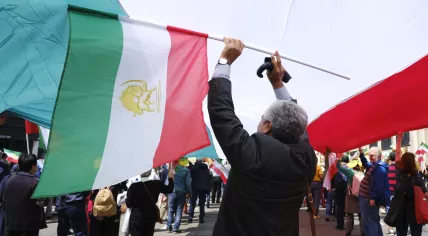 Man holds an Iranian flag at a protest.