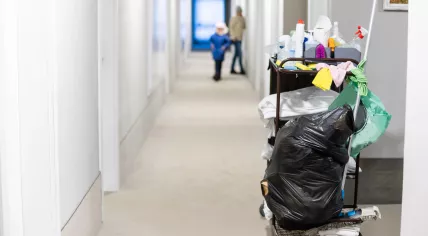 Cleaning trolley in a hotel hallway