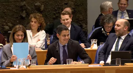 Prime Minister Rob Jetten flanked by his Deputy Prime Ministers, Dilan Yeşilgöz and Bart van den Brink, on the first day of the parliamentary debate on the new government's plans, 25 February 2026