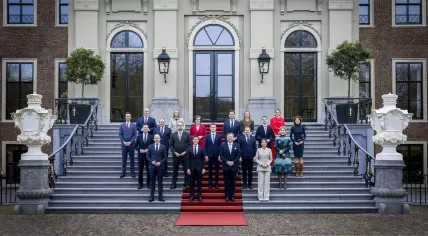 King Willem-Alexander with the Ministers of the Jetten I Cabinet on the stairs of Huis ten Bosch palace after swearing in the new Cabinet, 23 February 2026