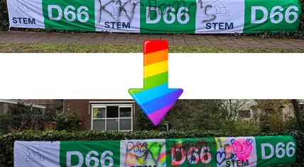 D66 in Baarn covers anti-LGTBQIA+ texts spray painted on an election sign with hearts in rainbow colors, 15 March 2026