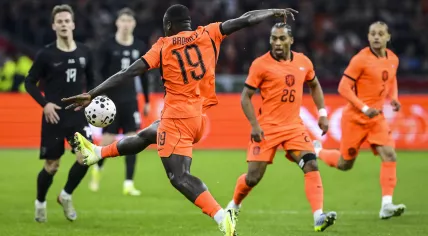 Felix Horn Myhre of Norway, Brian Brobbey of the Netherlands, Quinten Timber of the Netherlands, and Xavi Simons of the Netherlands during the international friendly match between the Netherlands and Norway at the Johan Cruijff ArenA on March 27, 2026, in Amsterdam, the Netherlands.
