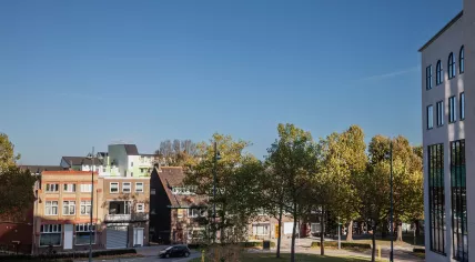 Panorama of a typical suburban Dutch street in the city of Heerlen in Limburg