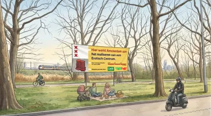 Impression of the prank banner regarding construction of the Erotic Center in Amsterdam, which appeared during the 2026 City Council Election. 18 March 2026