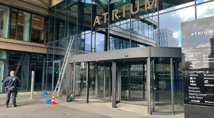 An explosion and fire damaged the entrance to the Atrium office building in Amsterdam's Zuidas. 16 March 2026
