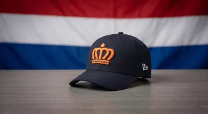 Artist’s rendering of the 2026 Kingdom of the Netherlands baseball hat in front of a Dutch fl