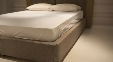 Mattress, boxspring, and headboard in a bedroom