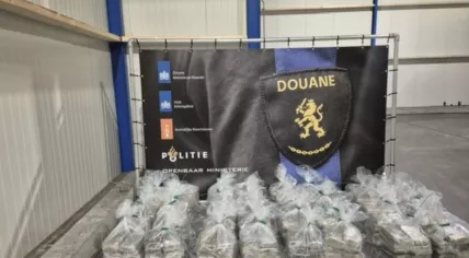 Dutch customs display a pallet of 400 kilograms of cocaine seized from a shipment of bananas at the port of Vlissingen on March 6, 2026