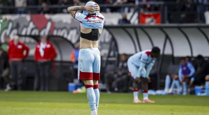 Jakub Moder of Feyenoord reacts during the Dutch Eredivisie match between NEC Nijmegen and Feyenoord at De Goffert Stadium on April 12, 2026, in Nijmegen.