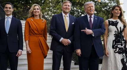 King Willem-Alexander, Queen Máxima, and Prime Minister Rob Jetten with U.S. President Donald Trump and first lady Melania at the White House, 14 April 2026