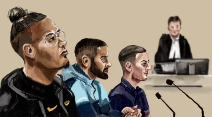 Court sketch of (L–R) suspect Douglas W., suspect Bernard Z., and suspect Jan B. during the substantive hearing in the Drenthe art theft case. The investigation concerns three suspects accused of stealing four highly valuable Romanian artworks.