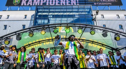 ADO Den Haag players celebrate during the championship ceremony at the WerkTalent Stadium, April 29, 2026. Following their Eerste Divisie title win, the club secures promotion back to the Eredivisie.
